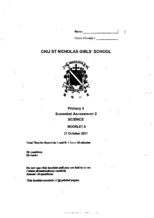 CHIJ P4 Sci SA2 2017 exam paper PDF first page preview