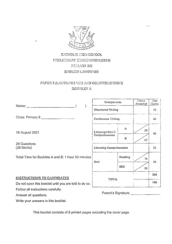 Catholic High P6 Eng SA2 2021 exam paper PDF first page preview