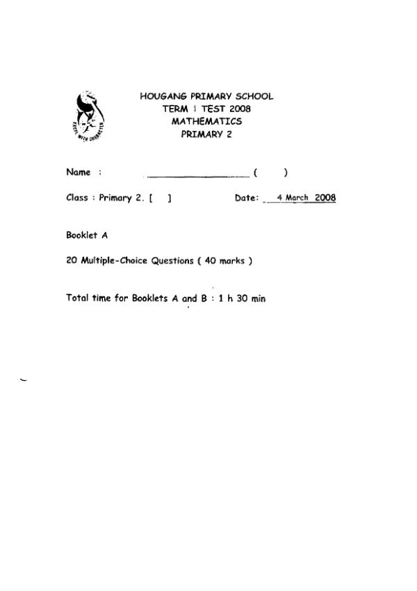 Hougang P2 Math WA1 2008 exam paper PDF preview