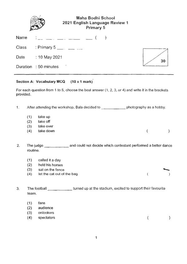 Maha Bodhi P5 Eng WA2 2021 exam paper PDF first page preview