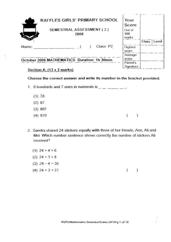 Raffles Girls P2 Math SA2 2008 exam paper PDF preview