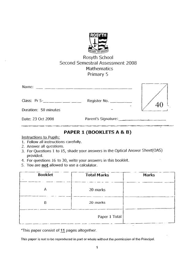 Rosyth P5 Math SA2 2008 exam paper PDF preview