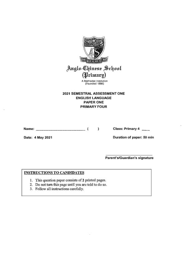 Anglo Chinese P4 Eng WA2 2021 exam paper PDF first page preview