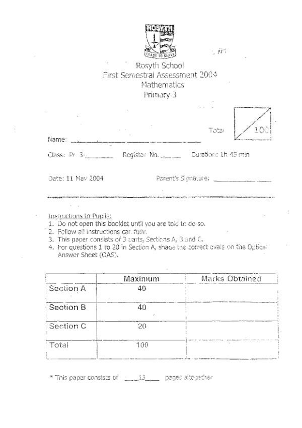 Rosyth P3 Math WA2 2004 exam paper PDF preview