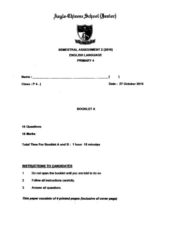 Anglo Chinese P4 Eng SA2 2016 exam paper PDF first page preview
