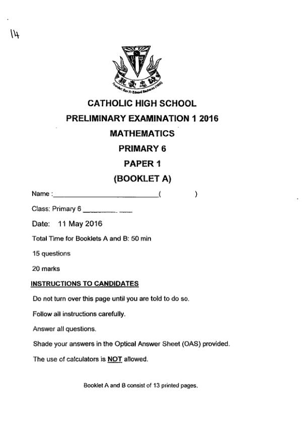 First page preview of P6 Math 2016 WA2 — Catholic High
