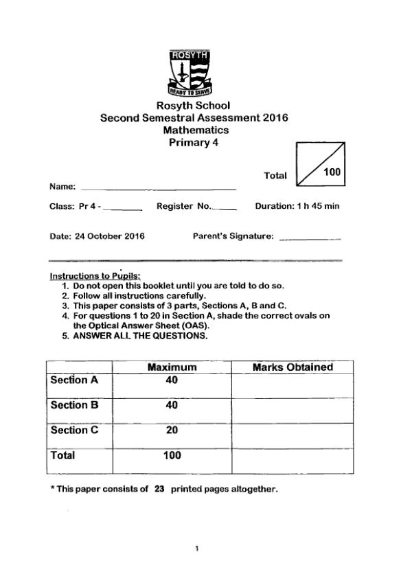 First page preview of P4 Math 2016 SA2 — Rosyth