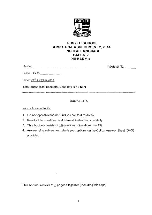 Rosyth P3 Eng SA2 2014 exam paper PDF preview