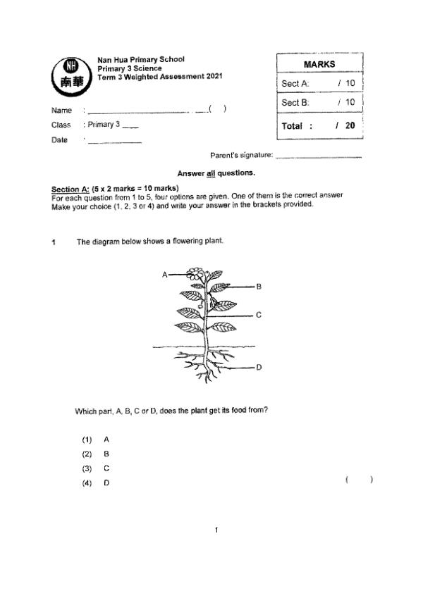 Nan Hua P3 Sci WA3 2021 exam paper PDF preview