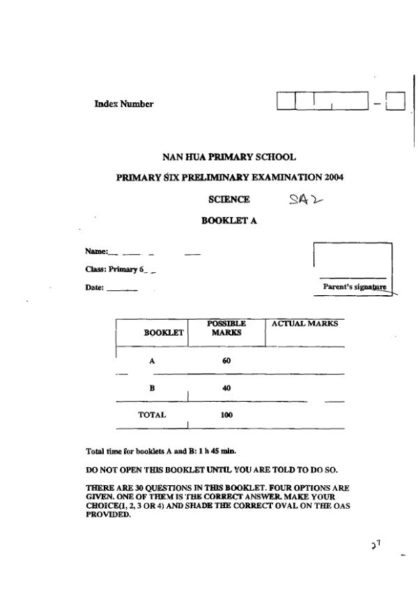 Nan Hua P6 Sci SA2 2004 exam paper PDF preview