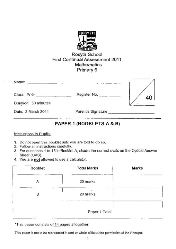 Rosyth P6 Math WA1 2011 exam paper PDF preview