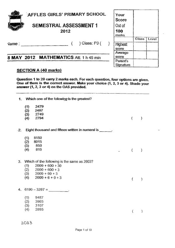 Raffles Girls P3 Math WA2 2012 exam paper PDF preview