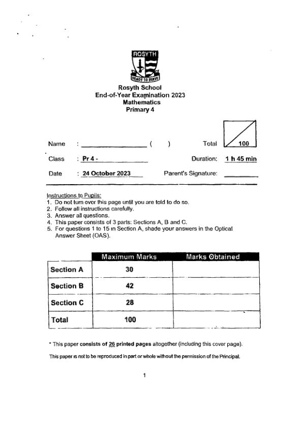 First page preview of P4 Math 2023 SA2 — Rosyth