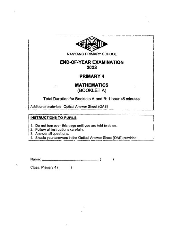 First page preview of P4 Math 2023 SA2 — Nanyang