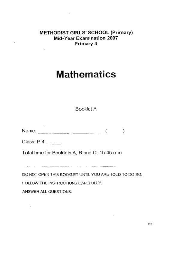 Methodist Girls P4 Math WA2 2007 exam paper PDF preview