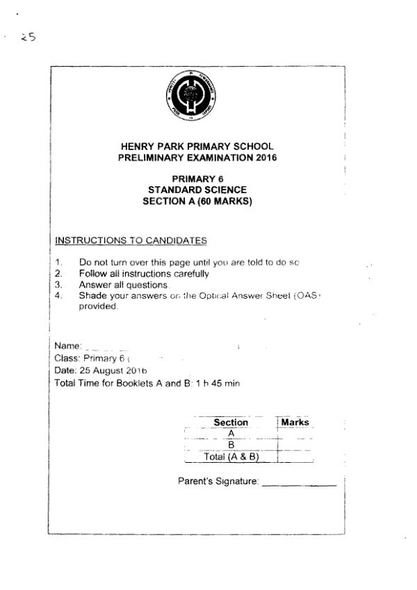 Henry Park P6 Sci SA2 2016 exam paper PDF preview