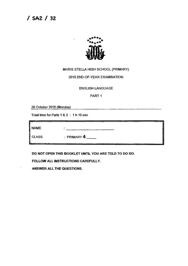 Maris Stella High P4 Eng SA2 2015 exam paper PDF first page preview