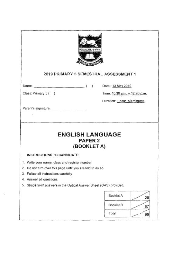 Tao Nan P5 Eng WA2 2019 exam paper PDF first page preview