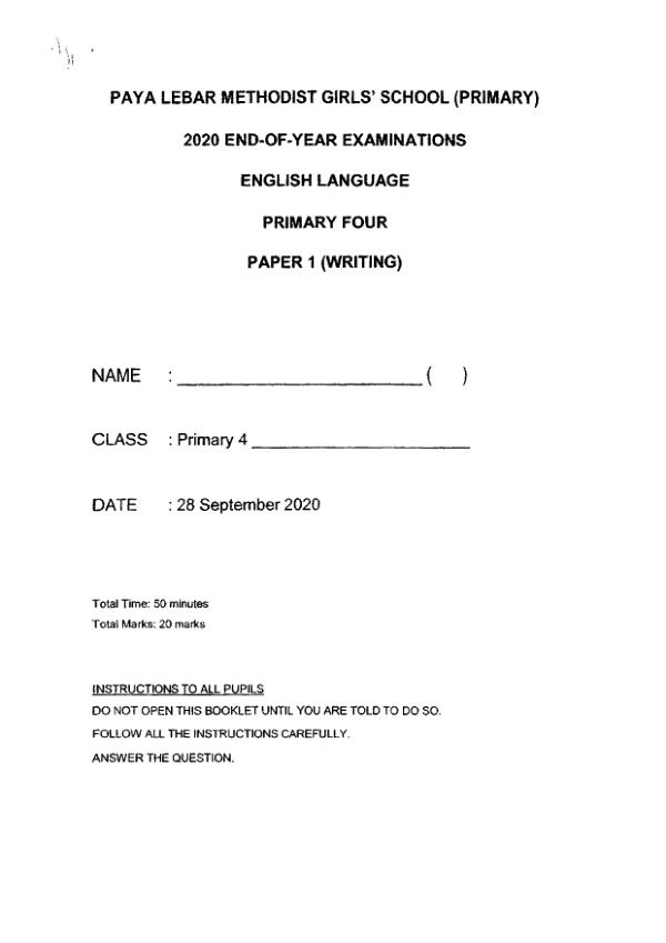 Methodist Girls P4 Eng SA2 2020 exam paper PDF first page preview