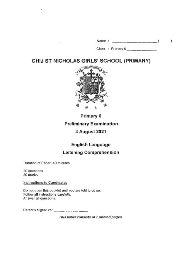 CHIJ P6 Eng SA2 2021 exam paper PDF first page preview