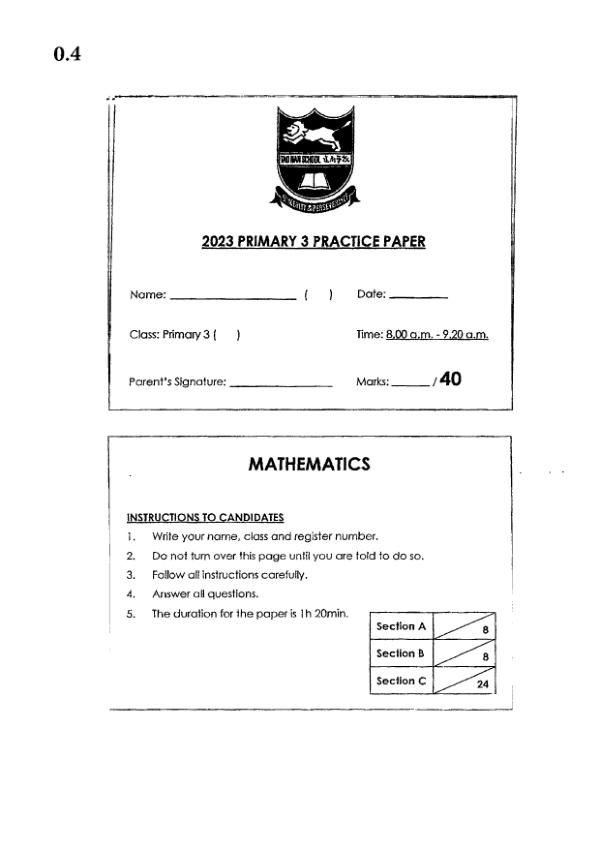 First page preview of P3 Math 2023 WA1 — Tao Nan