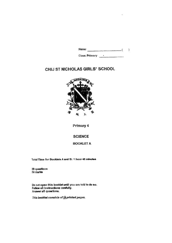 CHIJ P4 Sci SA2 2022 exam paper PDF preview