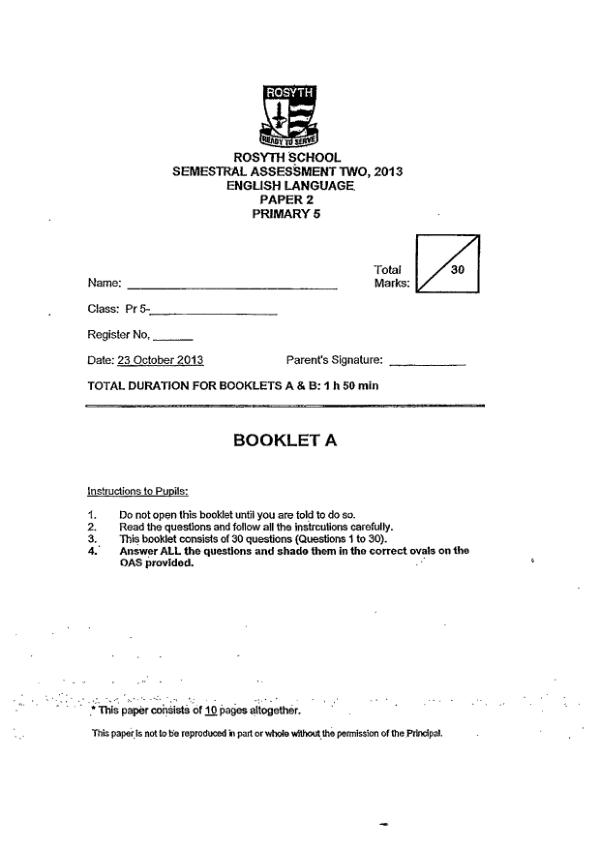 Rosyth P5 Eng SA2 2013 exam paper PDF preview
