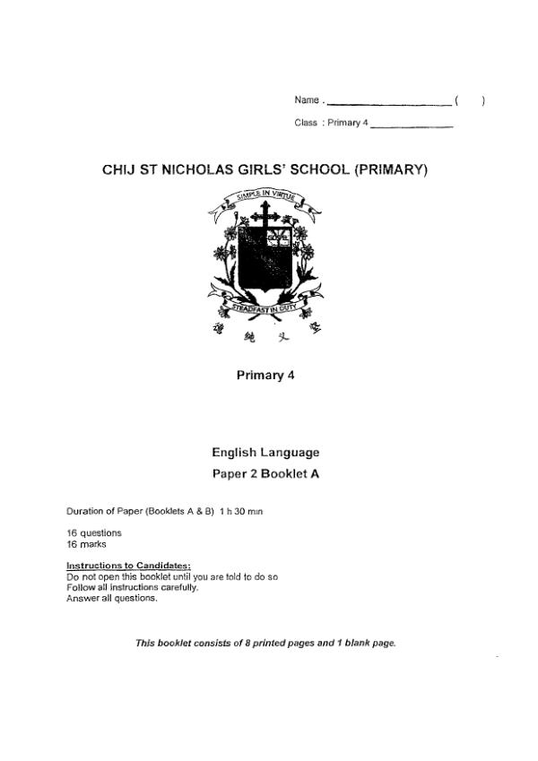CHIJ P4 Eng SA2 2022 exam paper PDF first page preview