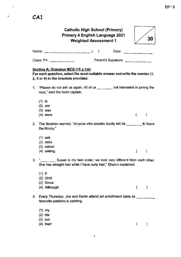 Catholic High P4 Eng WA1 2021 exam paper PDF first page preview