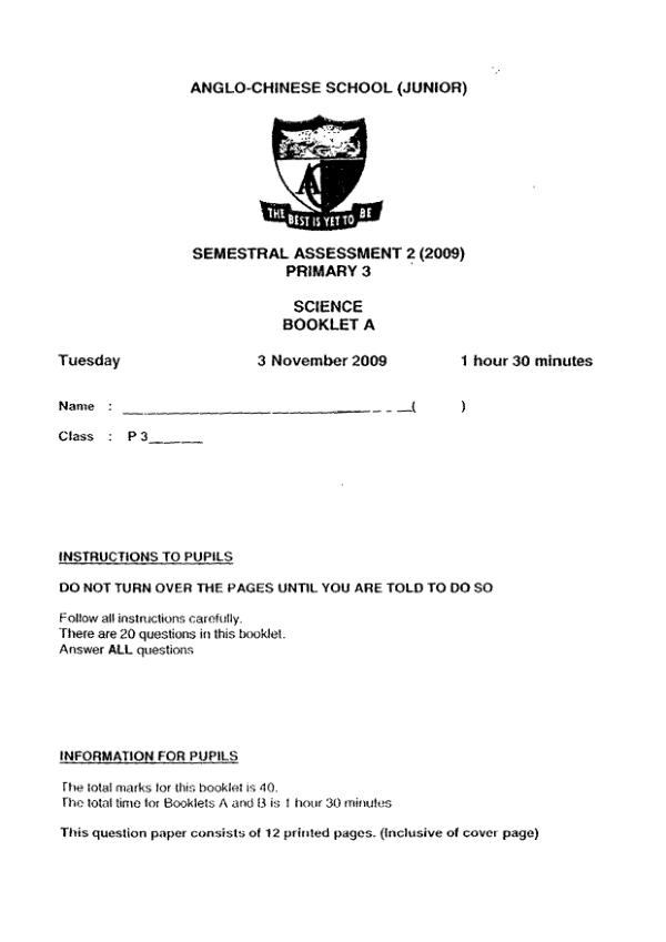 Anglo Chinese P3 Sci SA2 2009 exam paper PDF preview