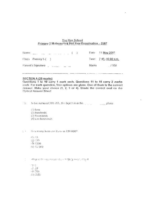 Tao Nan P5 Math WA2 2007 exam paper PDF preview