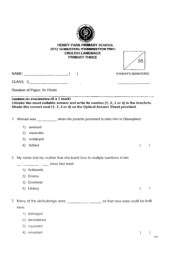 Henry Park P3 Eng SA2 2012 exam paper PDF preview
