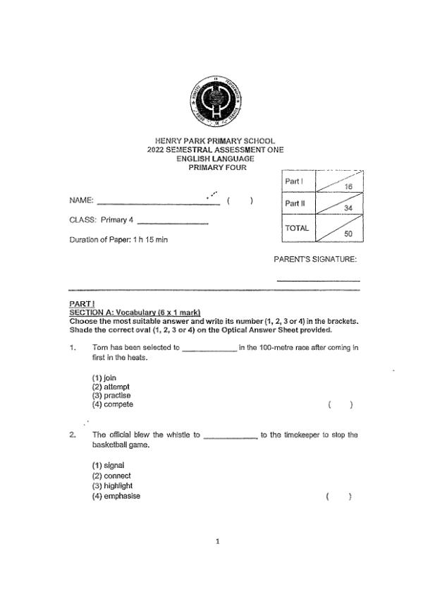 Henry Park P4 Eng WA2 2022 exam paper PDF first page preview