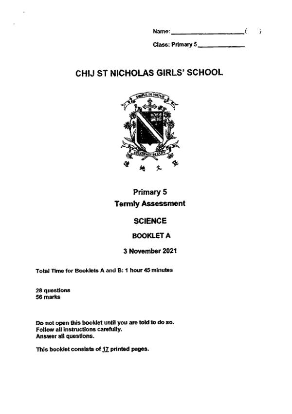 CHIJ P5 Sci SA2 2021 exam paper PDF first page preview