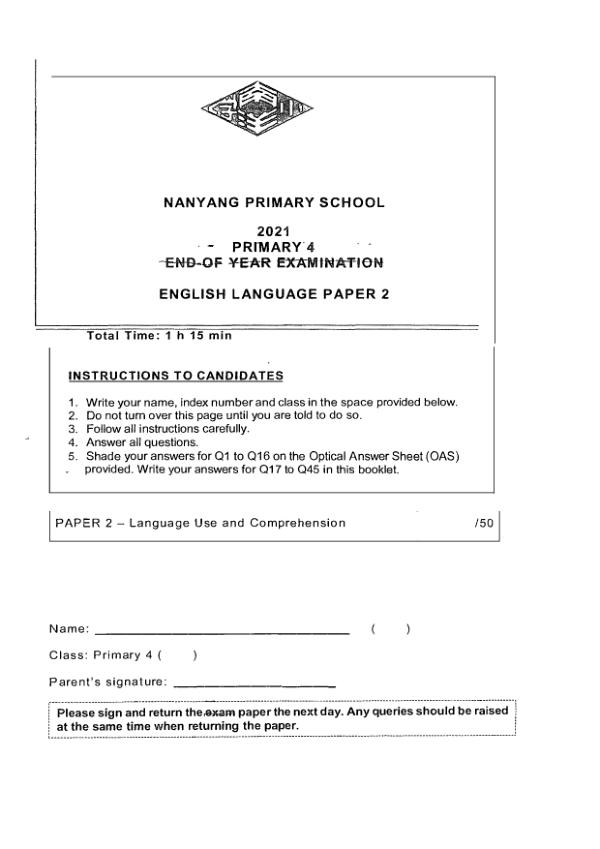 Nanyang P4 Eng SA2 2021 exam paper PDF first page preview