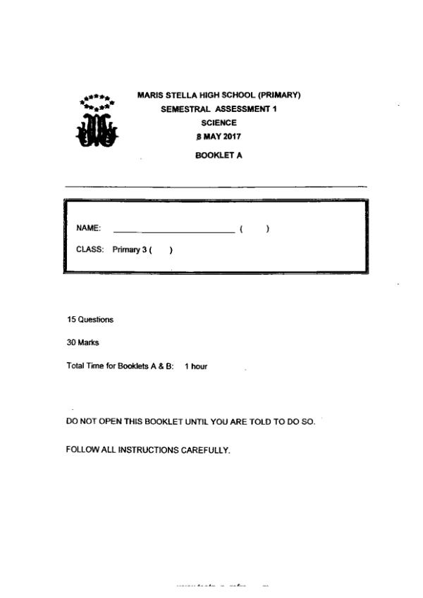 Maris Stella High P3 Sci WA2 2017 exam paper PDF first page preview