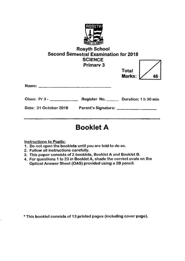 Rosyth P3 Sci SA2 2018 exam paper PDF preview