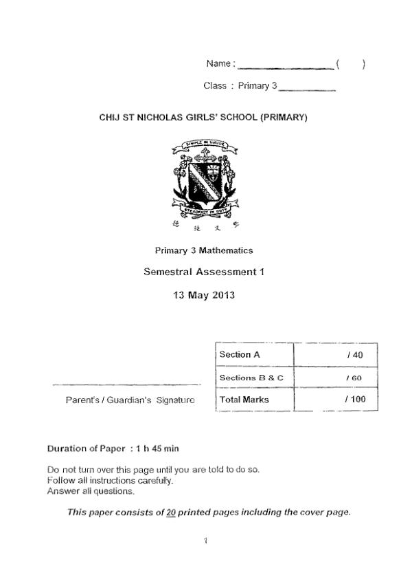 CHIJ P3 Math WA2 2013 exam paper PDF first page preview