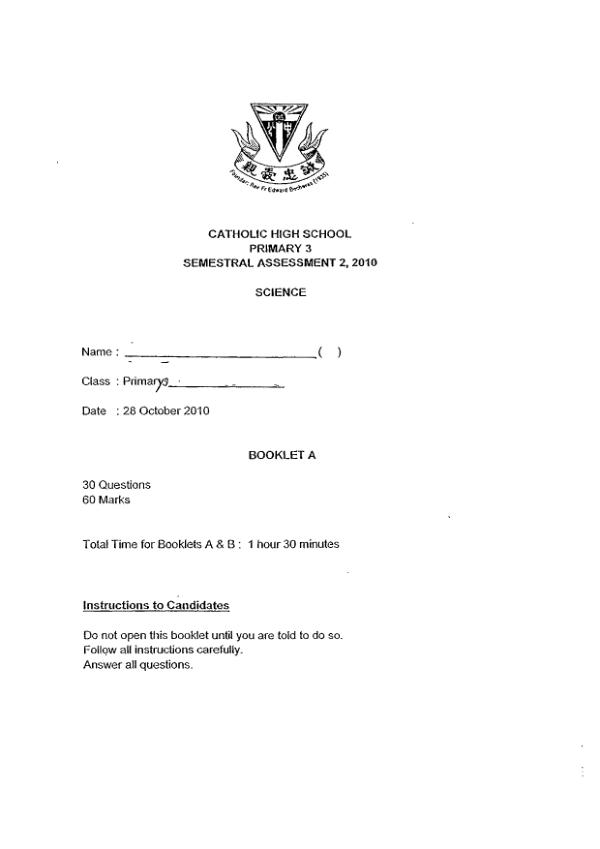 Catholic High P3 Sci SA2 2010 exam paper PDF preview