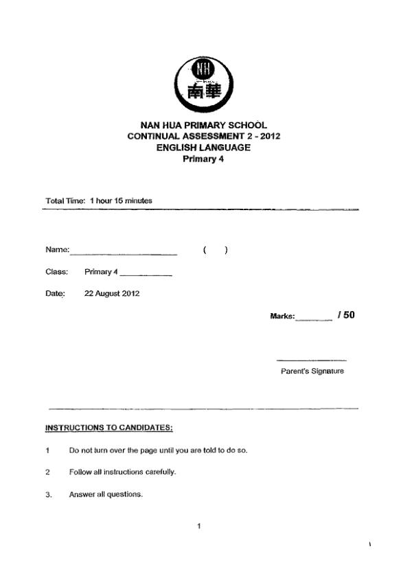 Nan Hua P4 Eng WA3 2012 exam paper PDF first page preview