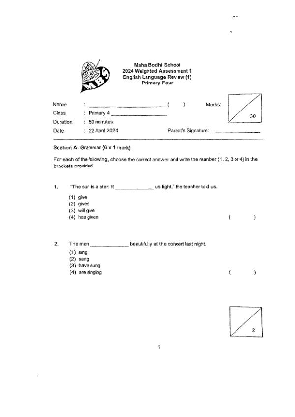 First page preview of P4 Eng 2024 WA1 — Maha Bodhi