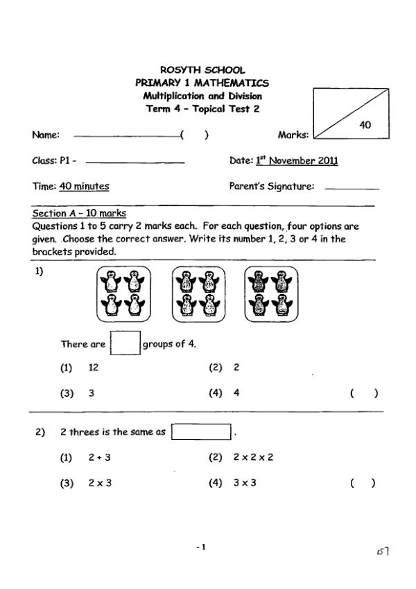 Rosyth P1 Math SA2 2011 exam paper PDF preview