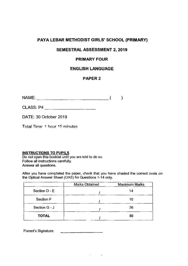 Methodist Girls P4 Eng SA2 2019 exam paper PDF preview