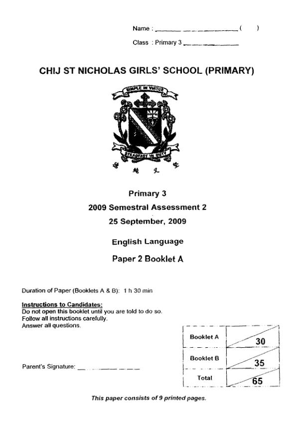 CHIJ P3 Eng SA2 2009 exam paper PDF preview