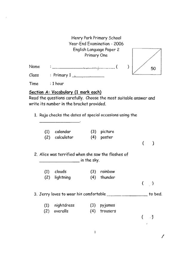 Henry Park P1 Eng WA2 2006 exam paper PDF preview