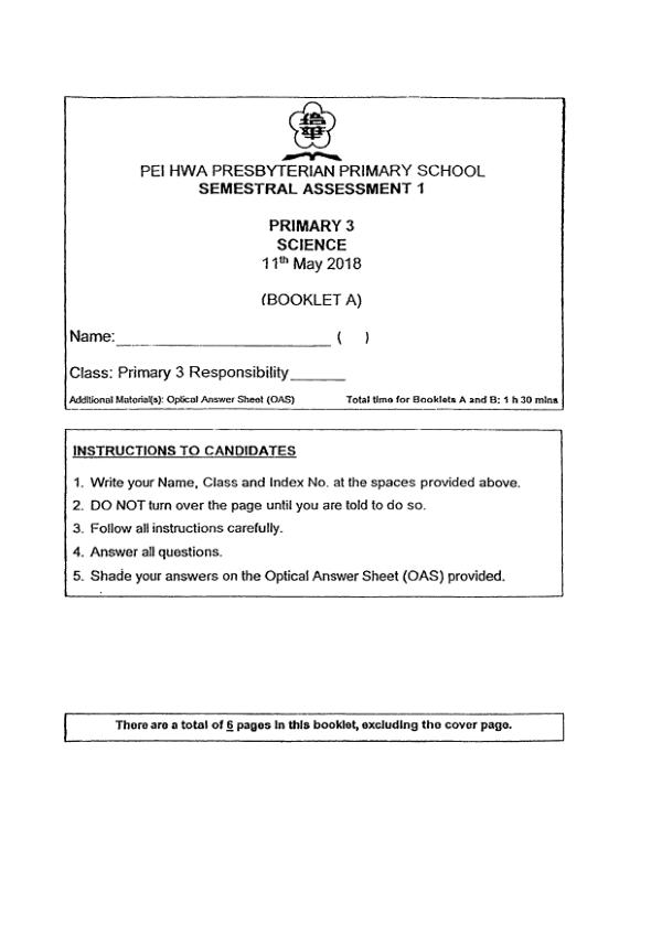 Pei Hwa P3 Sci WA2 2018 exam paper PDF first page preview
