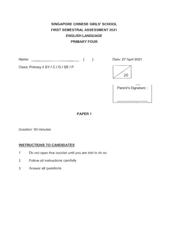 Singapore Chinese Girls P4 Eng WA2 2021 exam paper PDF first page preview
