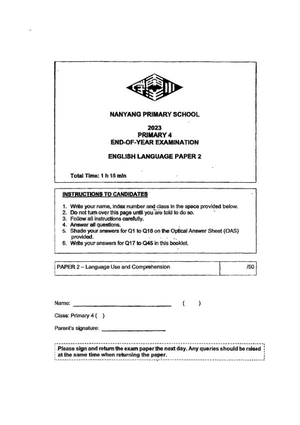 Nanyang P4 Eng SA2 2023 exam paper PDF first page preview