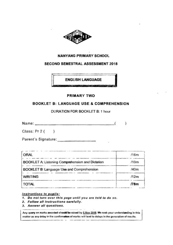 Nanyang P2 Eng SA2 2018 exam paper PDF first page preview