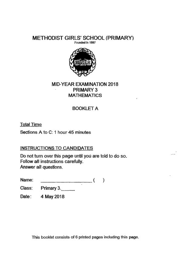 First page preview of P3 Math 2018 WA2 — Methodist Girls